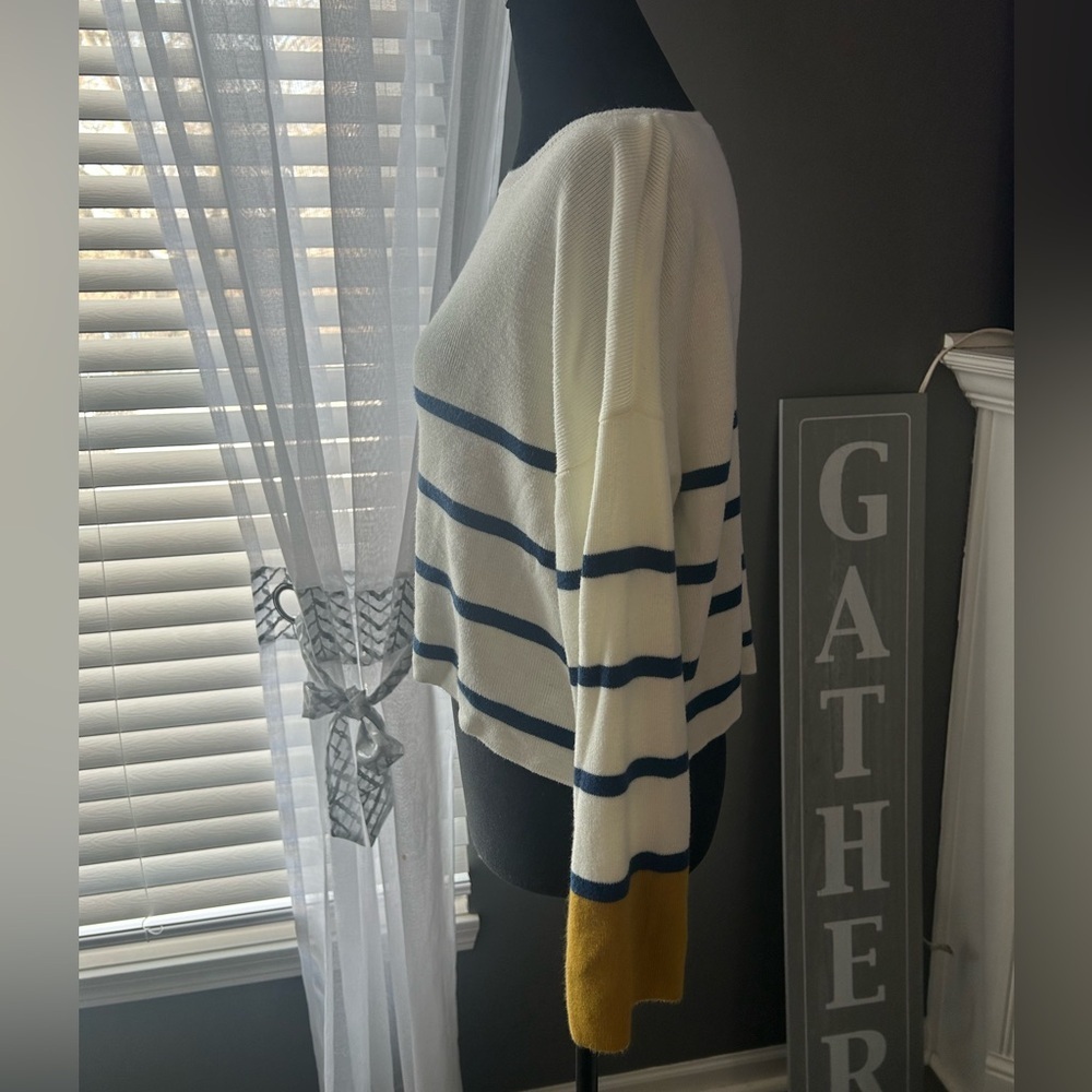 Poof Apparel Striped Sweater Cream Navy Mustard Size S - Picture 3 of 4